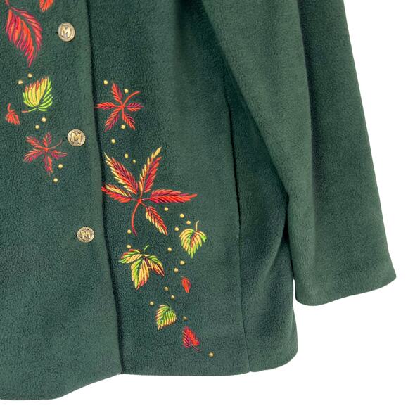 Bob Mackie Embroidered Fleece Jacket Green Button Front Fall Leaves Women’s L - Picture 2 of 6